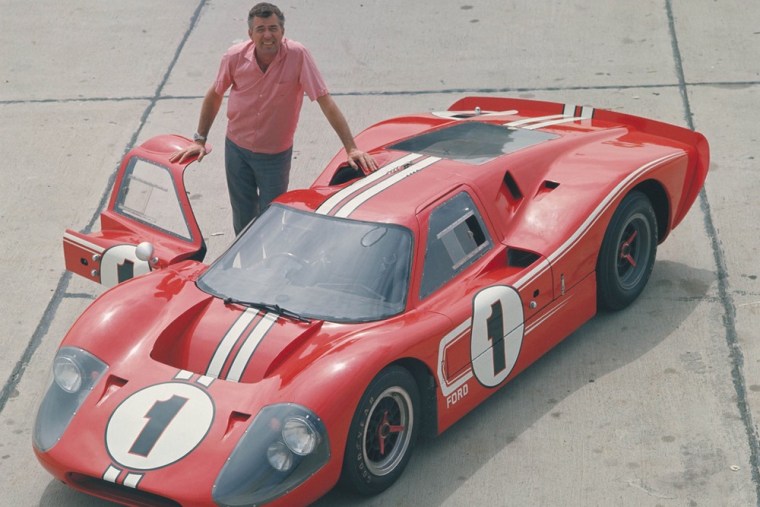 Carroll Shelby with the winning Ford GT-40 Le Mans race car in 1967.